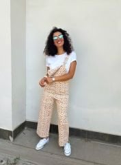 İnce Denim Çiçekli Salopet