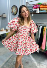 Kirazlı Balon Kol Elbise