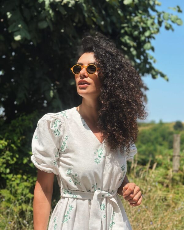 Nakış Detay Keten Dokulu Elbise